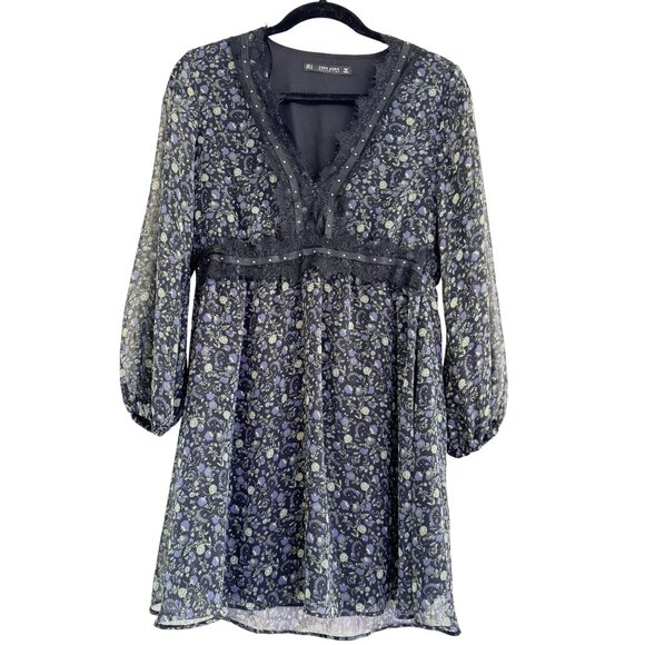 Zara Basic Collection Women's Floral Black Bell Long Sleeve Mini Dress Size S - Picture 1 of 8